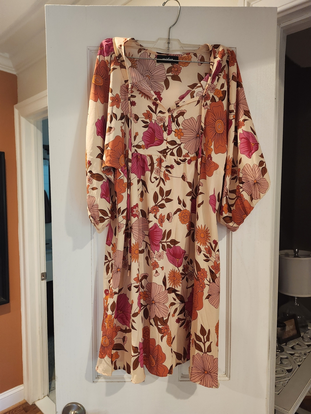 Floral V-Neck Midi Dress in Cream with Pink & Orange Blossoms